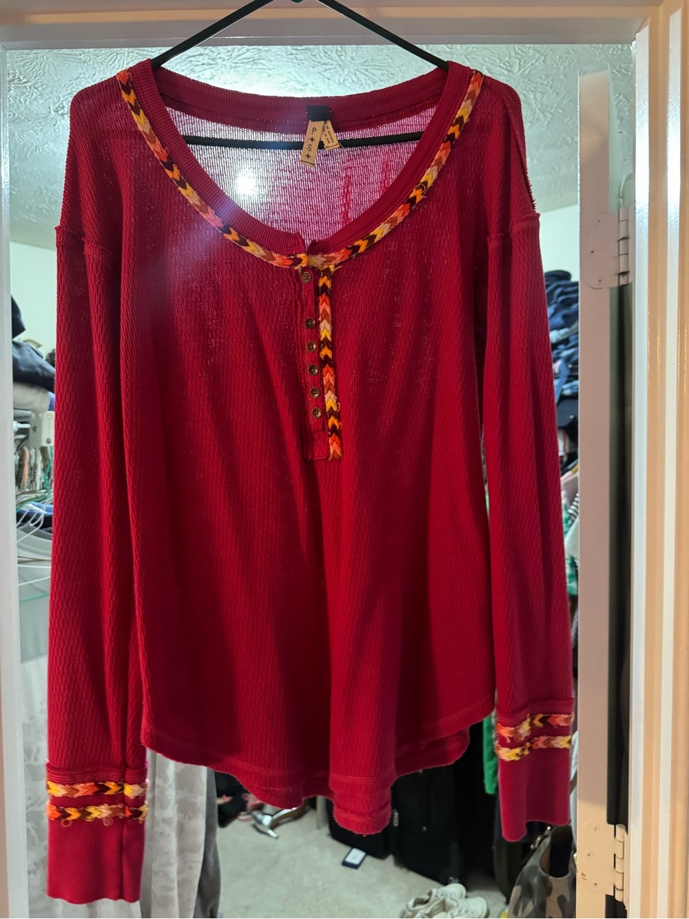 Free People Red Long-Sleeve Henley with Braided Trim
